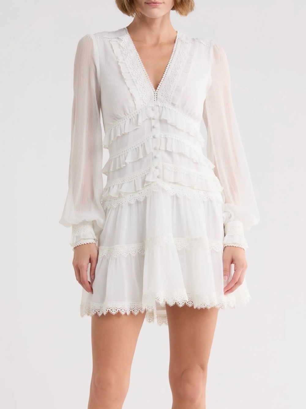 ALL SAINTS White Ruffle Lace V-Neck Mini Dress